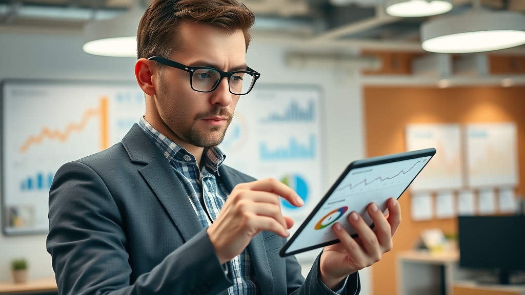 analytical marketer reviewing follower count and engagement metrics on digital graphs