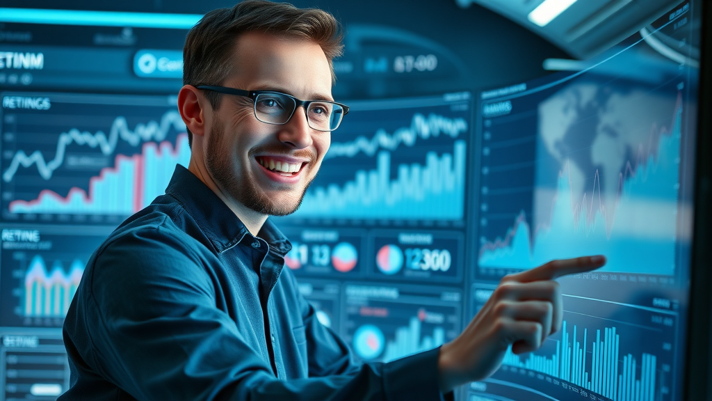 analytical marketer, reviewing retention graphs, youtube shorts hook optimization, high-resolution monitor with data overlays, futuristic dashboard
