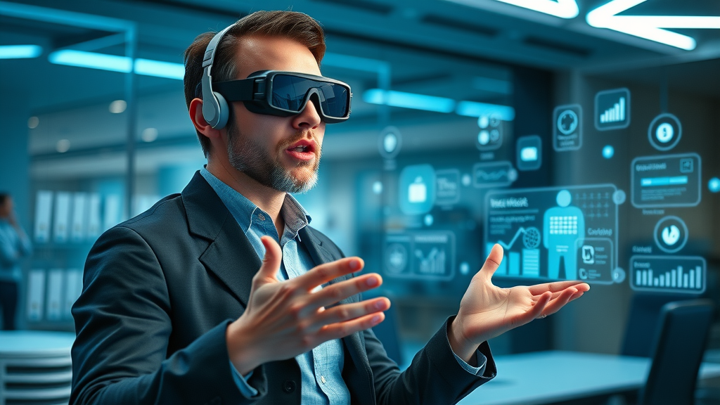 expert presenting new social media technology, digital AR VR holograms, futuristic setting