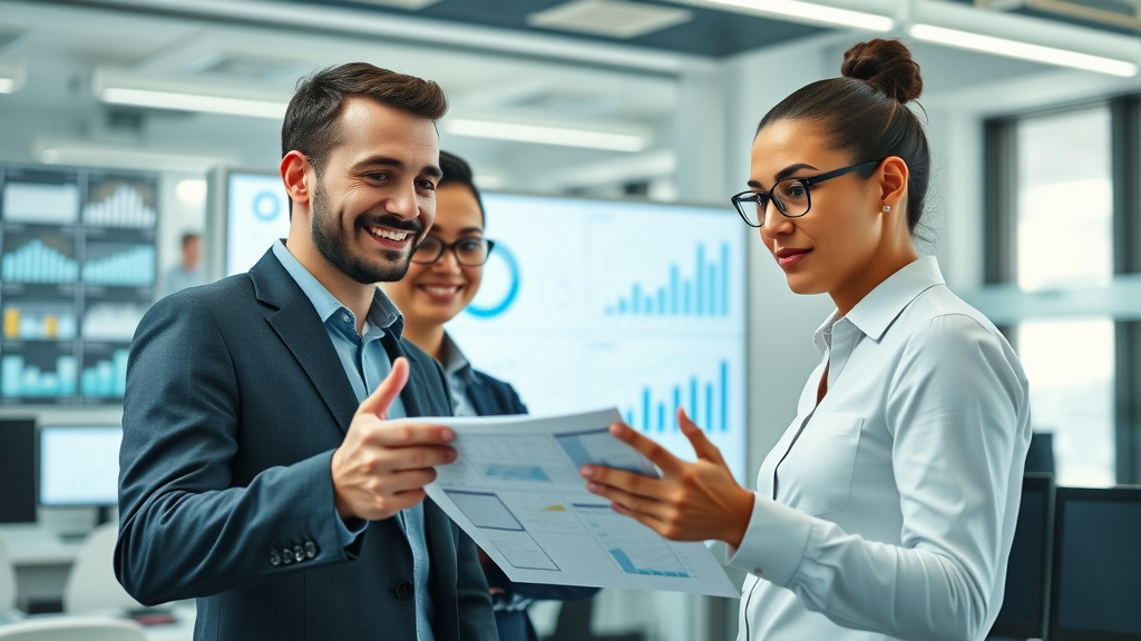modern business professionals strategizing over digital analytics dashboard with confident expressions using a content marketing strategy