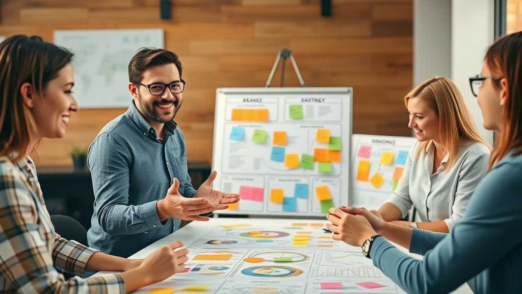 positive brand reputation - strategist presenting roadmap with colleagues and brand boards