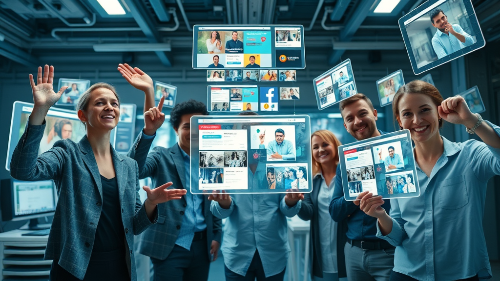 marketing team deploying video advertising campaigns across multiple digital channels with futuristic floating screens and high-tech connectivity