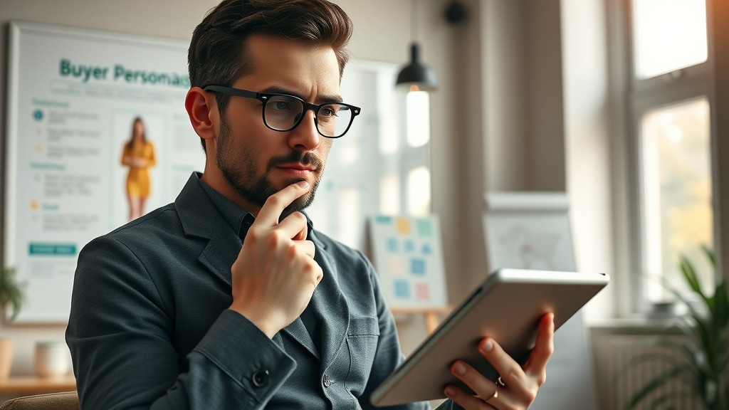 Marketer building buyer personas for paid ads and campaigns using a digital tablet, personas displayed as colorful icons