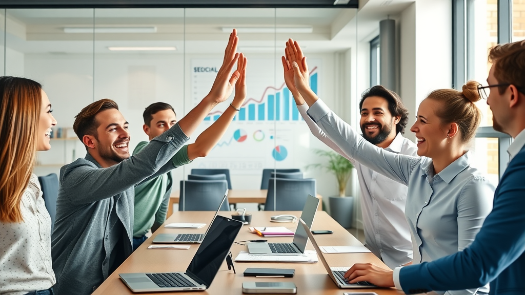 digital marketing team celebrating successful SEO content optimization campaign results