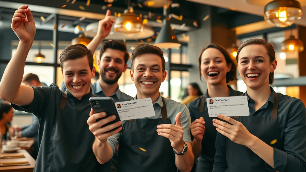 Thriving restaurant staff celebrating successful online reputation management with digital review alerts