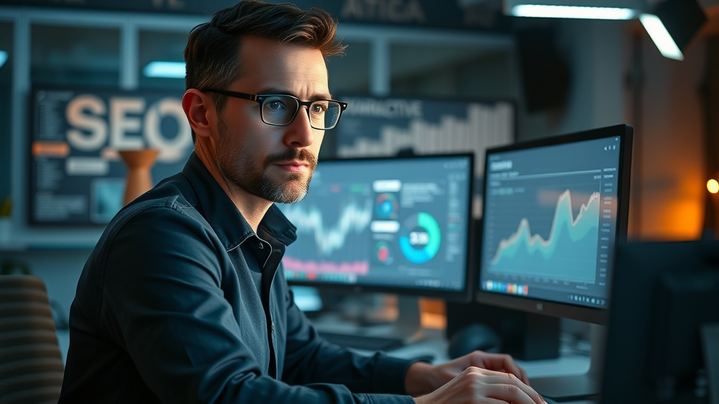 Cinematic video SEO editor analyzing search engine performance on dual monitors