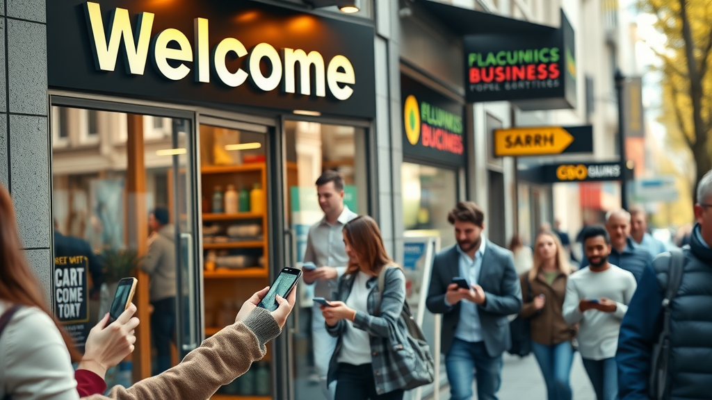 modern local business storefront with people using smartphones for local search, mobile local SEO in action