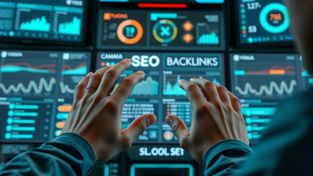 Hands analyzing local backlinks using advanced SEO tools for local link building tracking