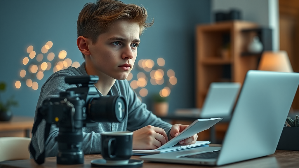 Video content creator writing script for video content creation home studio