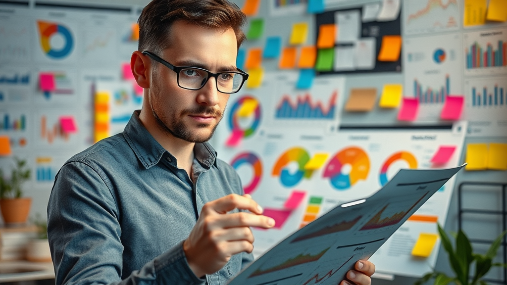 Analytical marketer segmenting target audience using data charts and persona boards—highlighting inbound marketing strategy development.