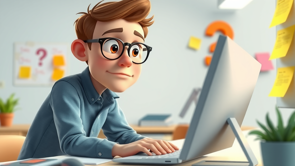 person browsing FAQ about user feedback, computer workspace with notes and question marks, learning about user feedback