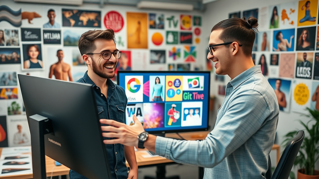 Designer and marketer collaborating on vibrant, original ad creative for social media campaigns in a dynamic creative studio environment, highlighting importance of originality in media advertising