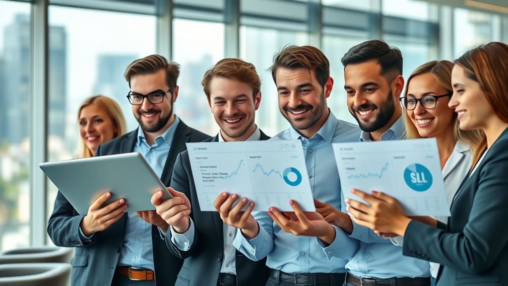 Lead generation strategies: Corporate sales team reviewing digital sales dashboards and collaborating successfully in modern office with city view.