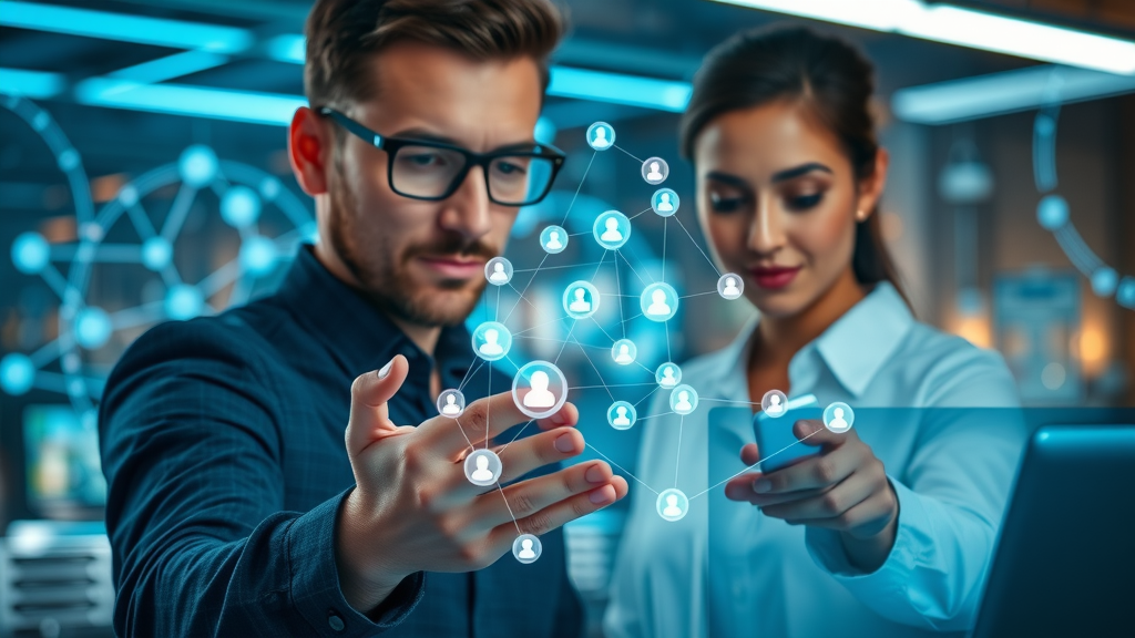 marketers integrating CRM with marketing automation tool, futuristic data connections, customer data nodes