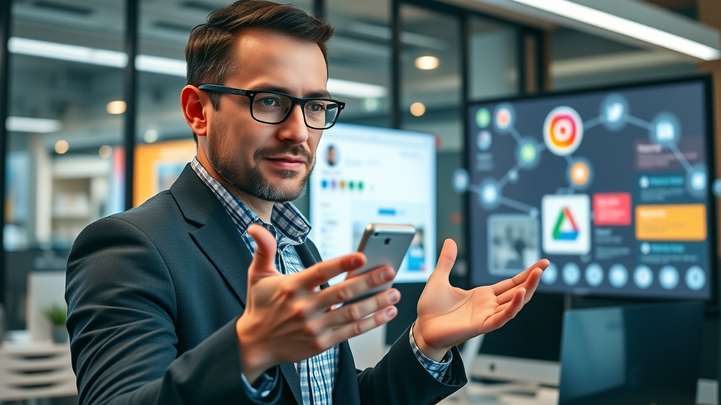 google business profile marketer comparing management tools dual screens workspace