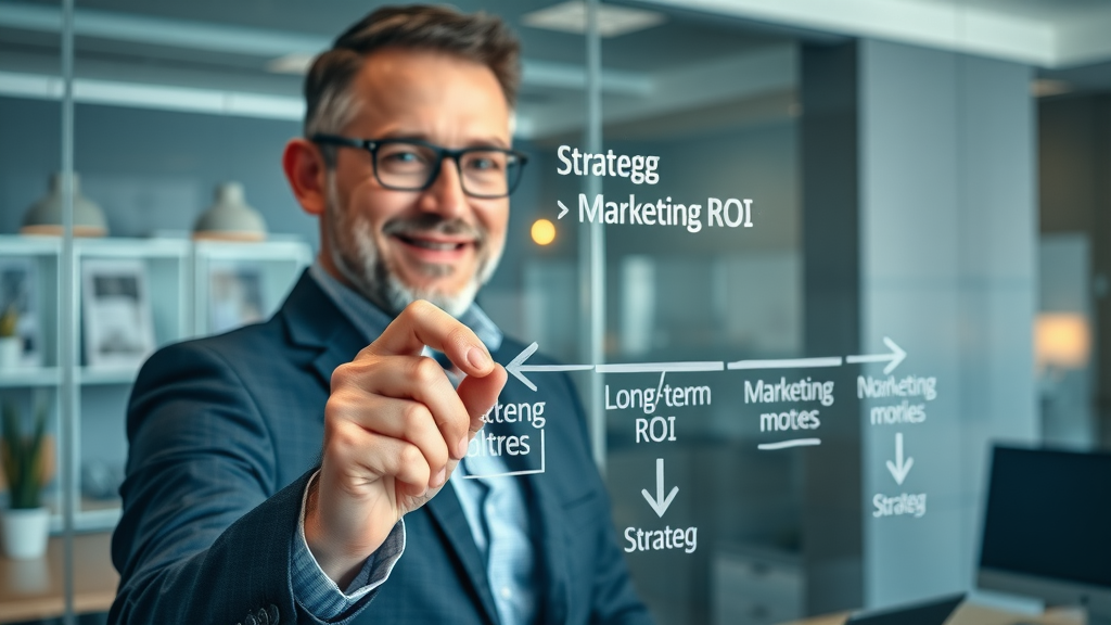strategic marketing planner mapping long-term ROI of paid campaigns on glass board