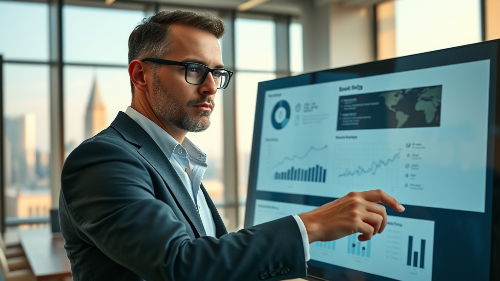 diligent business strategist mapping out digital marketing budget plan, budget allocation for ads touchscreen, advertising budget planning, modern marketing budget visualization