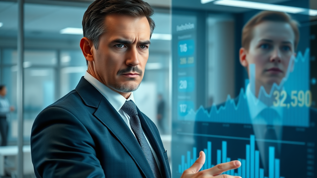 brand reputation - executive viewing digital analytics on a futuristic screen, corporate office, digital charts