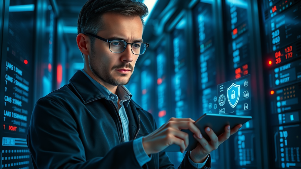 Cybersecurity specialist auditing privacy compliance on a reputation monitoring tool dashboard