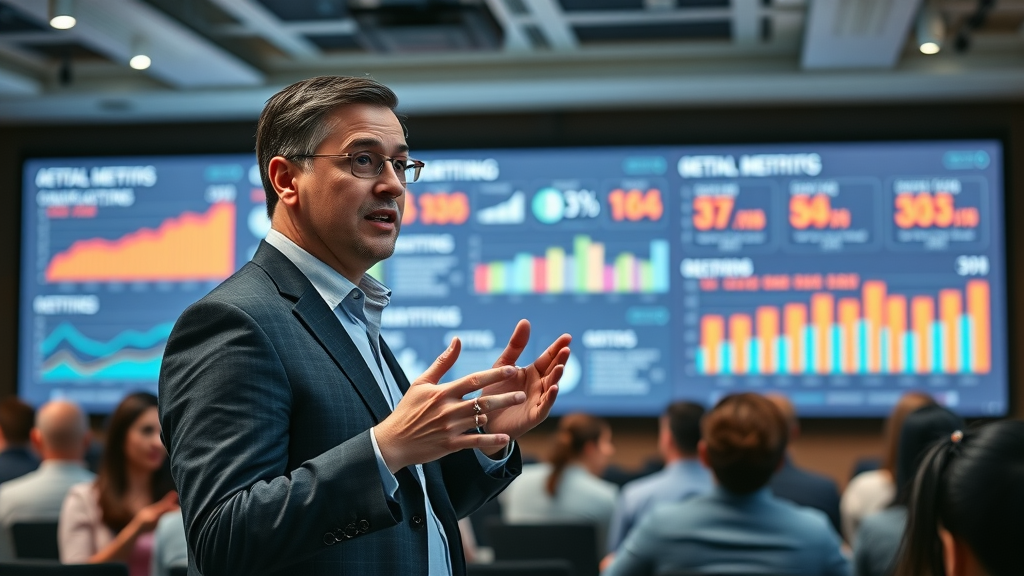 confident marketing presenter explaining digital advertising insights with campaign metrics on screen—digital ad campaigns