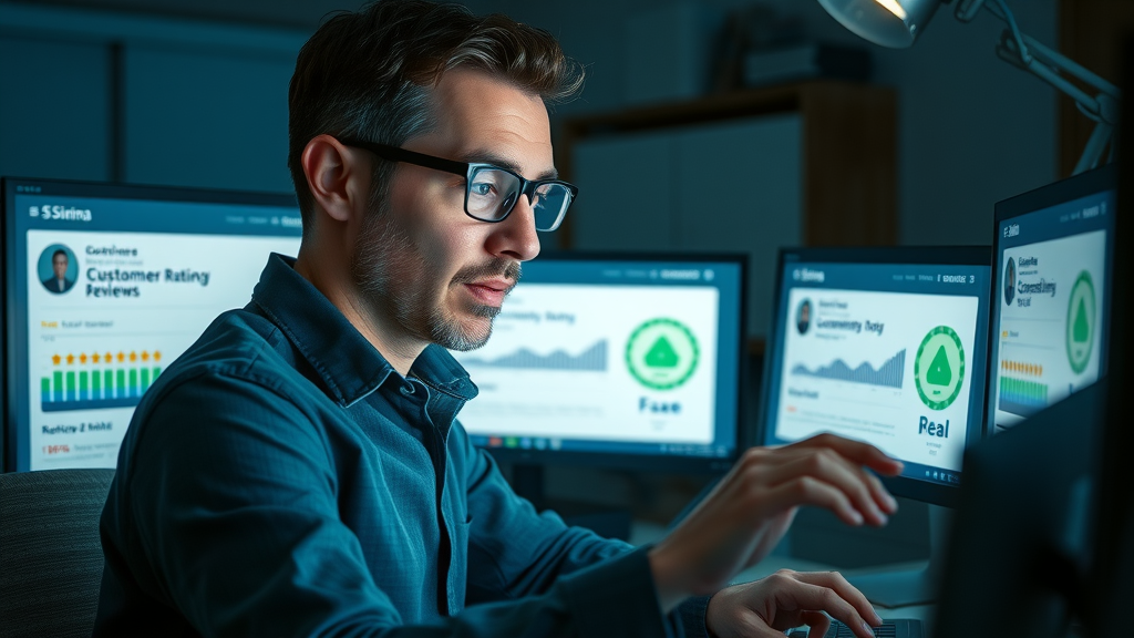 Analytical person comparing customer reviews on multiple devices, highlighting suspicious and genuine rating patterns