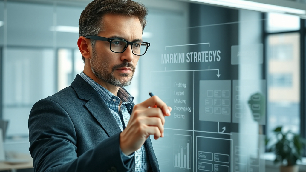 Content marketing strategist developing an effective marketing strategy on a glass board