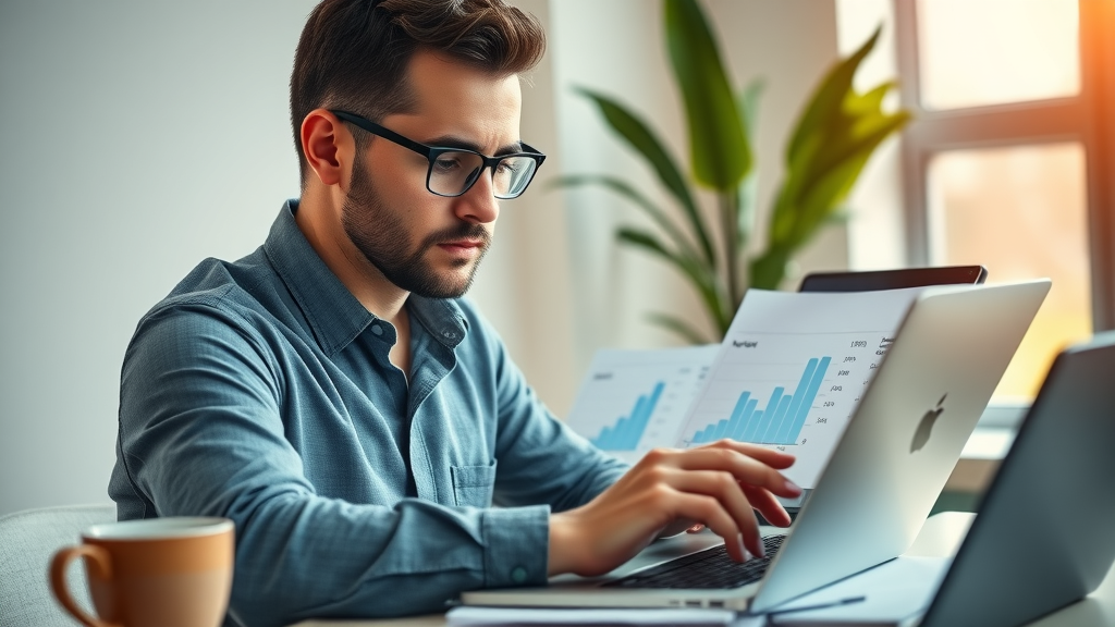 Professional marketer analyzing marketing analytics dashboard with ROI graphs