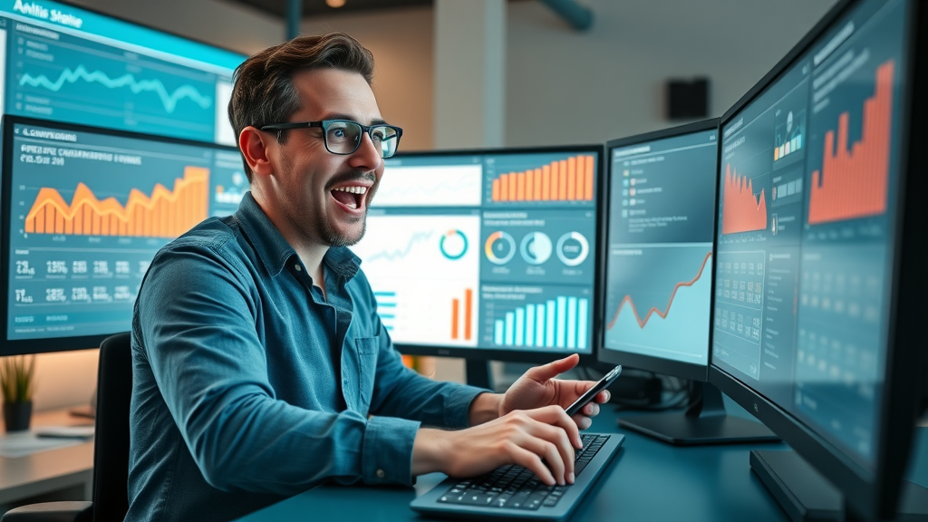 confident digital strategist reviewing analytics and campaign results on multi-screen setup for social media content success