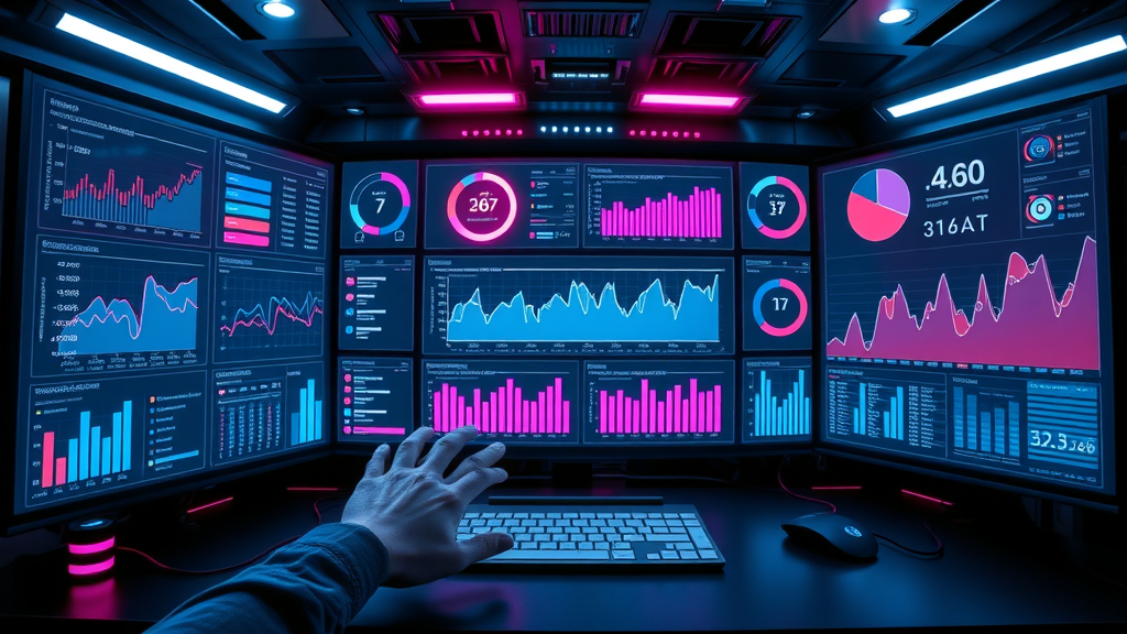 Cutting-edge digital dashboard displaying real-time social media and web metrics for target audience analysis – futuristic workspace, neon accents