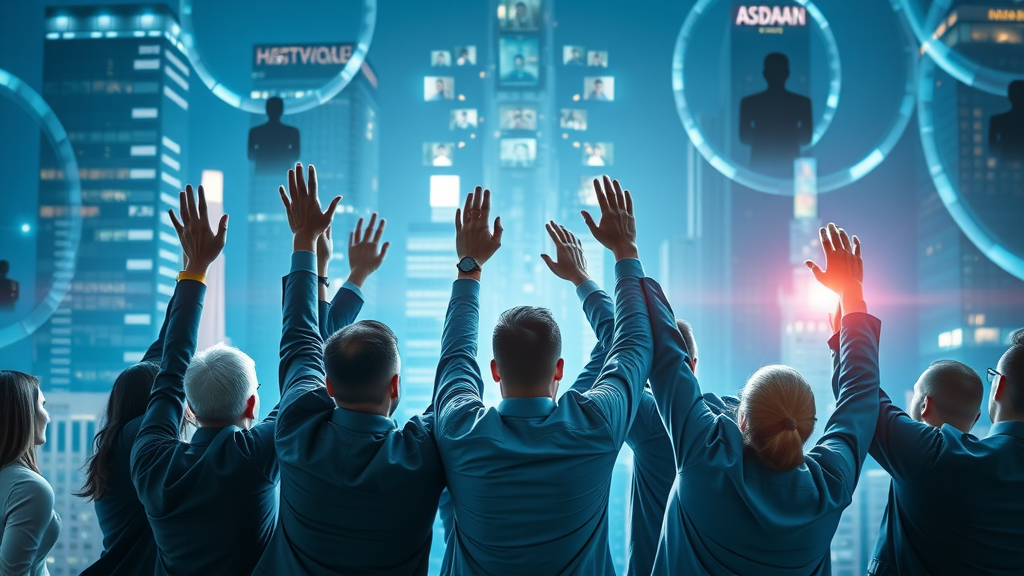 paid social media team celebrating explosive audience growth in digital cityscape