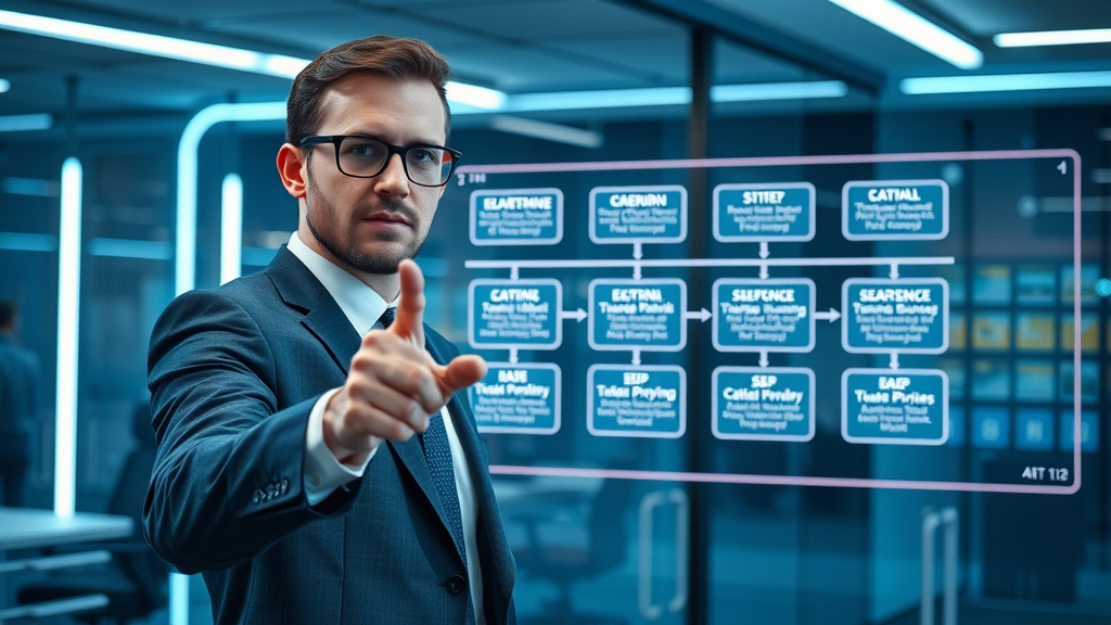 businessperson pointing at a digital customer segmentation 7-step process in a modern office
