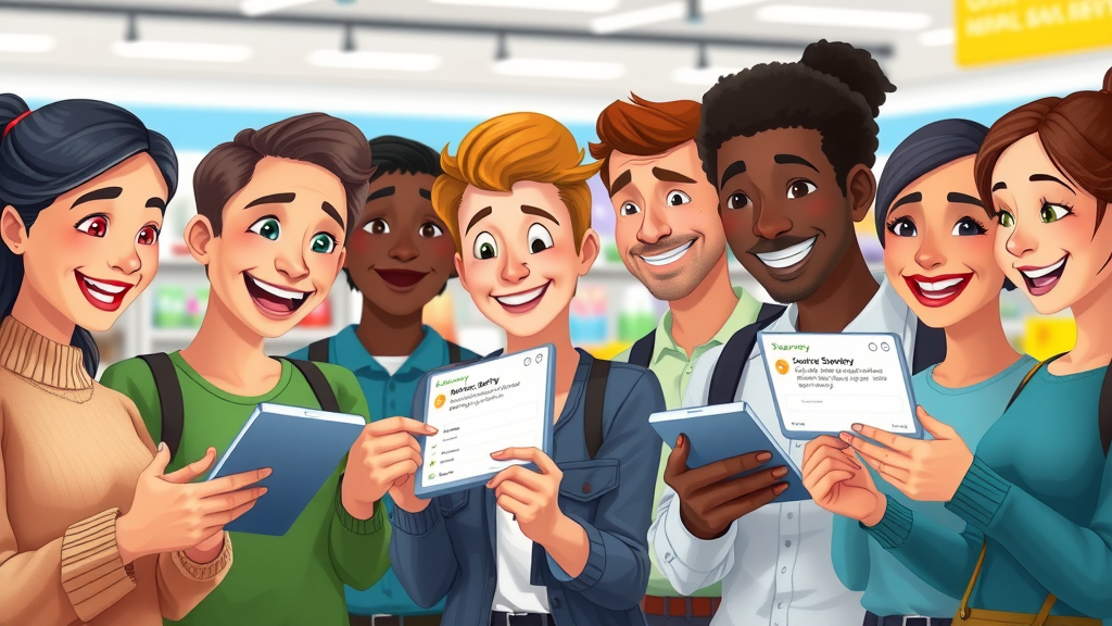 Diverse group of happy customers filling out NPS surveys to enhance business reputation