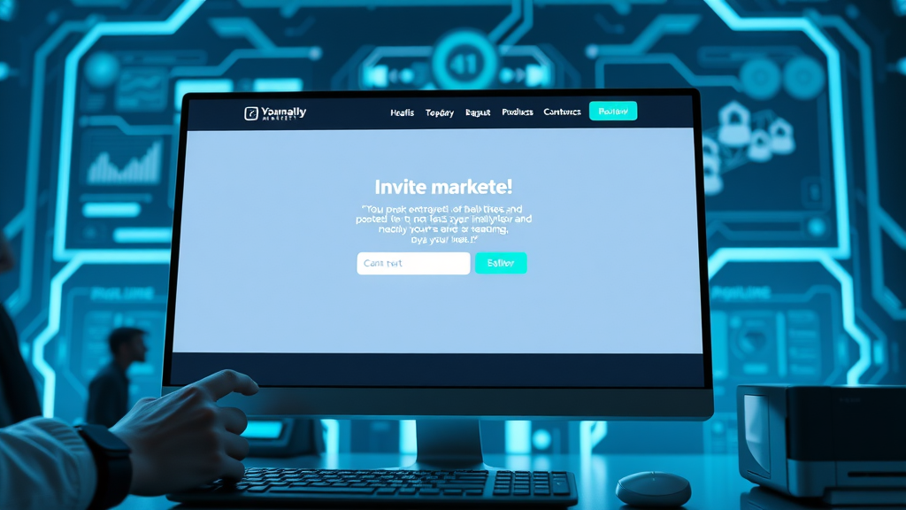 B2B lead generation landing page mockup with professional marketer reviewing layout