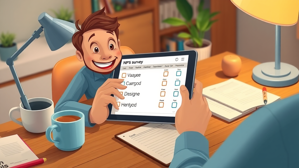 User filling out digital survey on tablet, providing user feedback, icons for NPS and checkboxes, warm home office setting