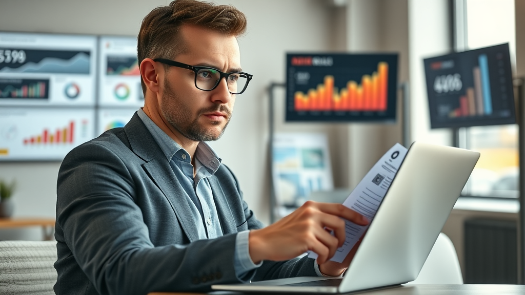 marketing manager analyzing digital ad campaign reports with analytics charts and budget graphs in modern office—digital ad campaigns