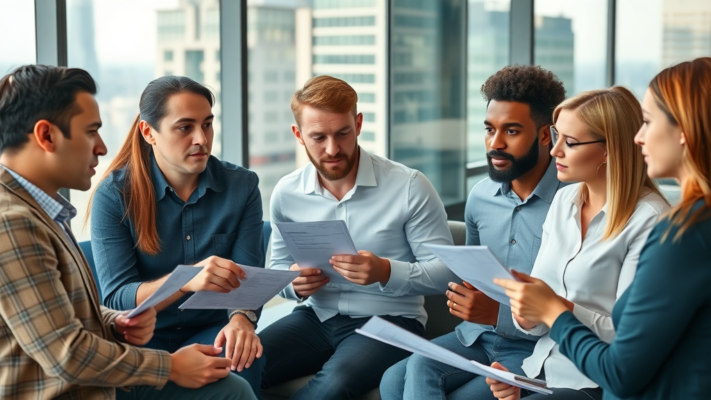 brand reputation - diverse focus group discussing brand logos and feedback forms