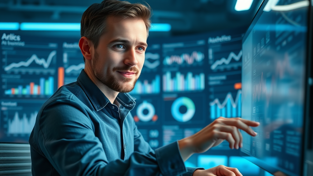 marketing manager analyzing interactive digital dashboard for data-driven marketing insights