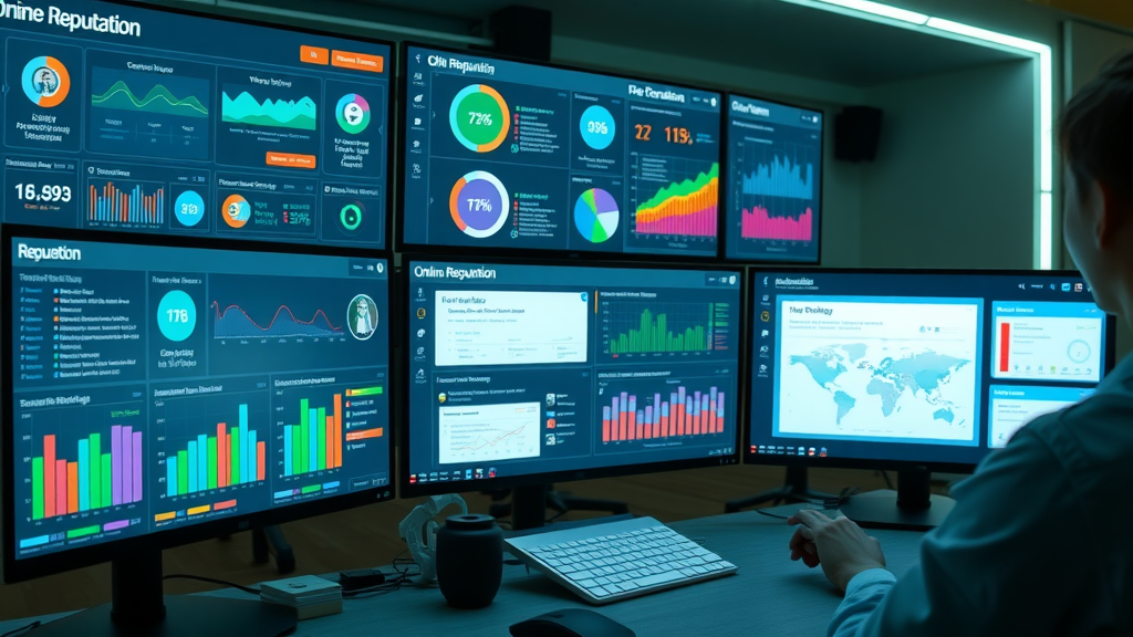 Interactive dashboard displaying online reputation management tools and resource alerts