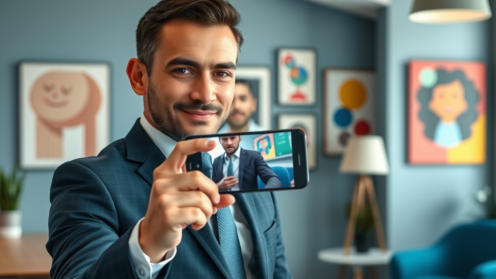 video marketing video content on smartphone by business professional