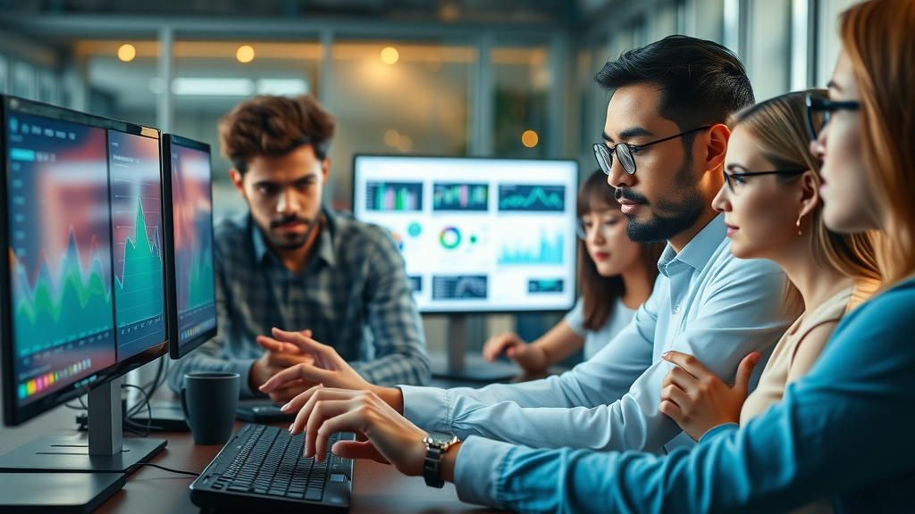 diverse users analyzing user engagement metrics, bounce rate, and session times on digital dashboard