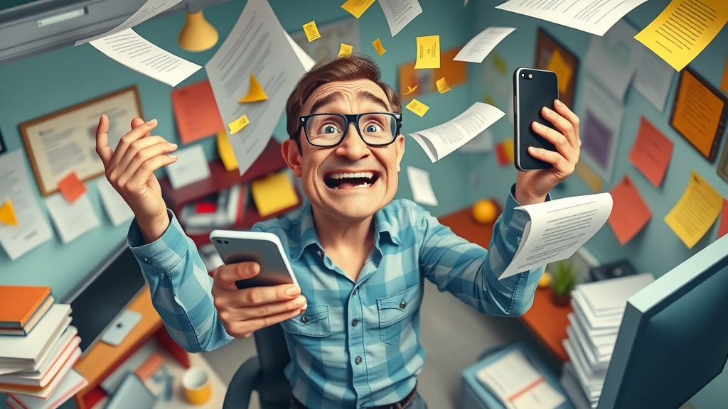 Content marketing creator overwhelmed with multiple content tasks in an office setting