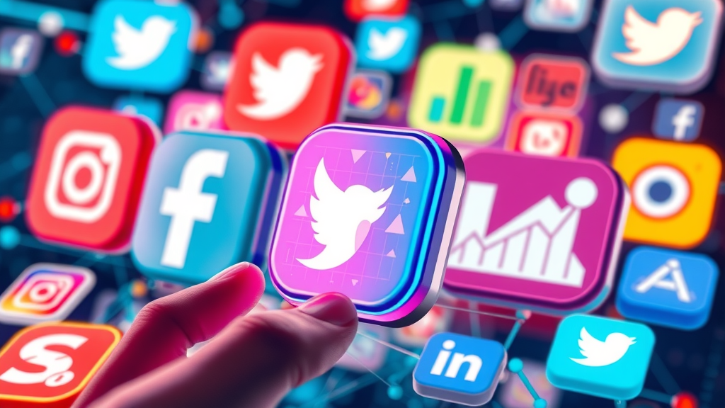 Key social media platform logos displaying analytic graphs and interconnected by flowing data metrics