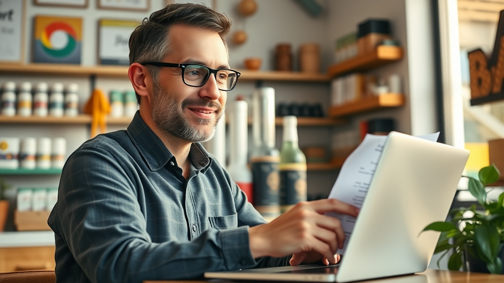 small business owner reviewing PPC ad statistics on laptop