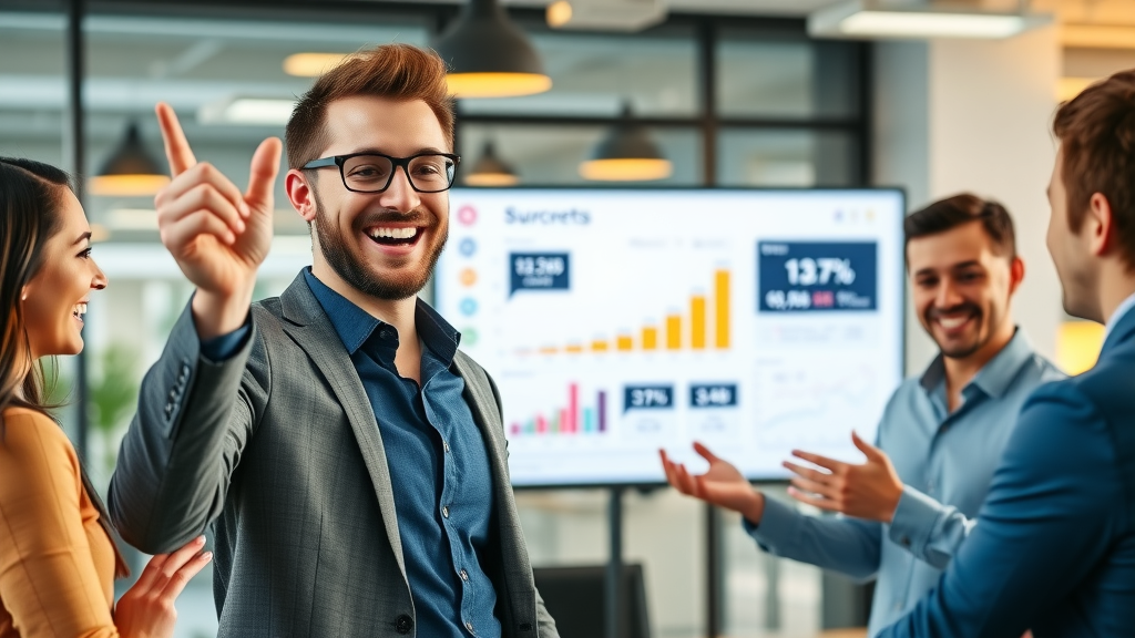 Smiling marketer presenting successful social media analytics report with upward metrics to a celebratory business team