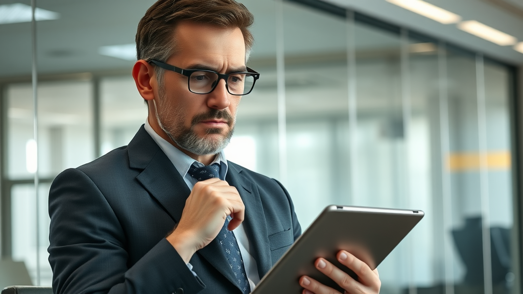 serious business manager reflective reviewing feedback on tablet, negative reviews brand damage