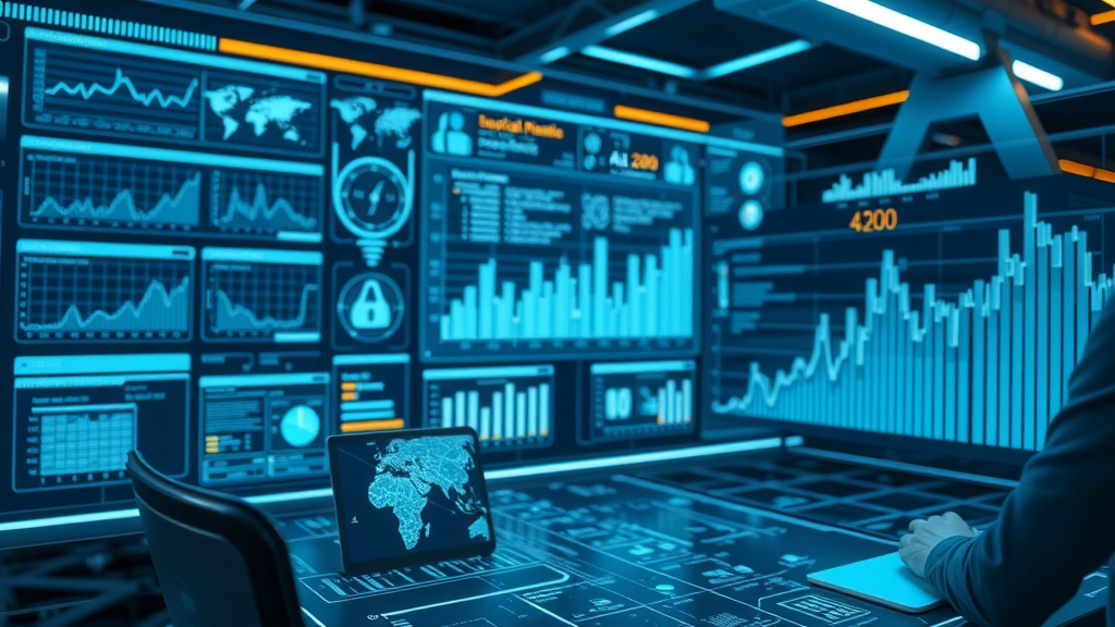 Futuristic AI interface visualizing machine learning of social media trends within advanced analytics dashboards