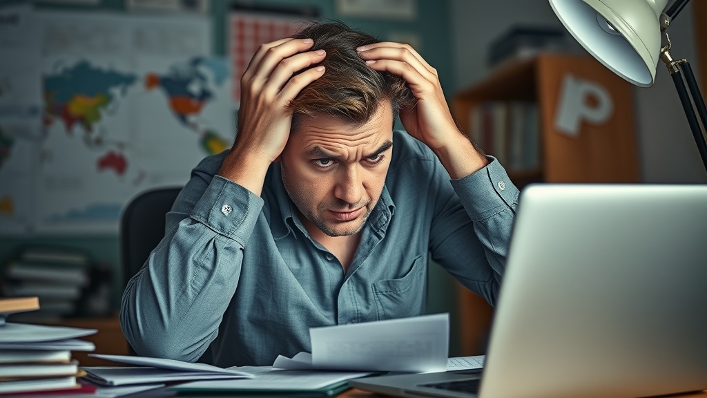 Stressed marketer frustrated by a/b testing mistakes; cluttered office, ab testing errors in reports