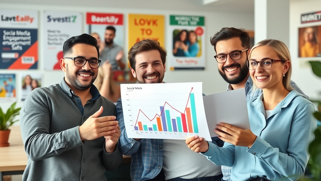 brand team celebrating improved social media engagement metrics and brand growth