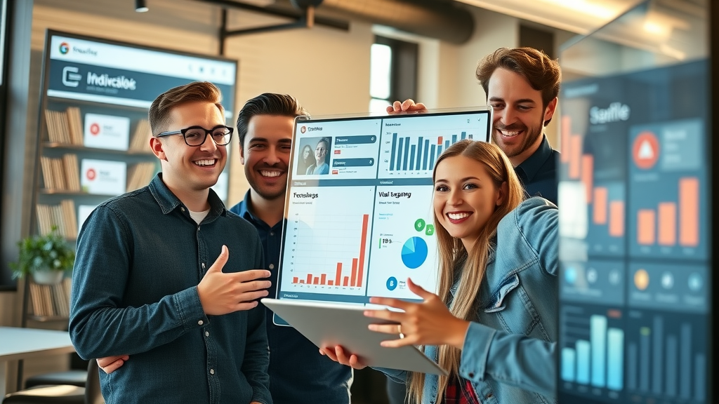 excited team tracking engagement on social media marketing strategies in a creative agency