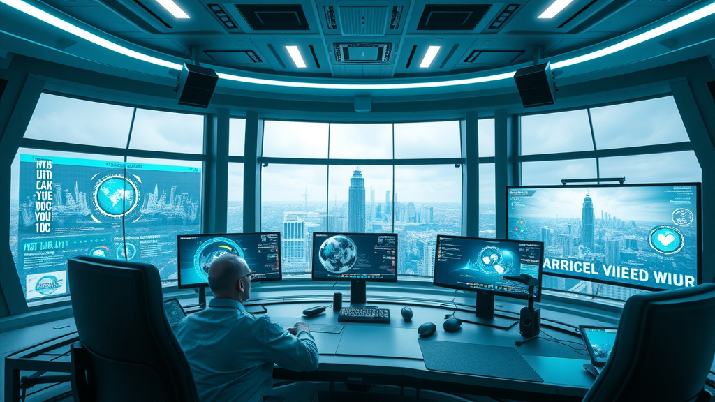futuristic digital marketing command center with AI-driven video editing tools